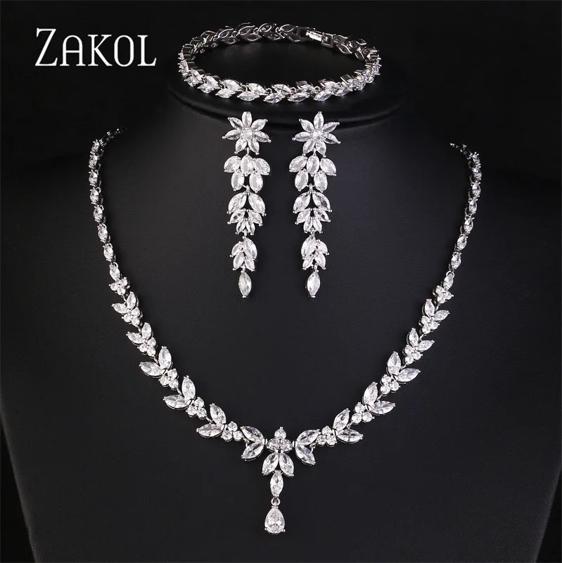 ZAKOL Brilliant Zirconia Leaf Jewelry Set for Women