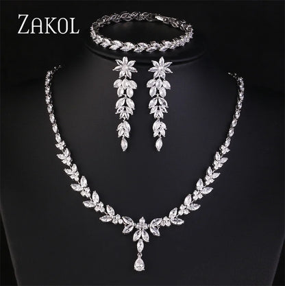 ZAKOL Brilliant Zirconia Leaf Jewelry Set for Women