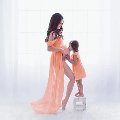 Maternity Lace Chiffon Front Split Dress in Coral Color