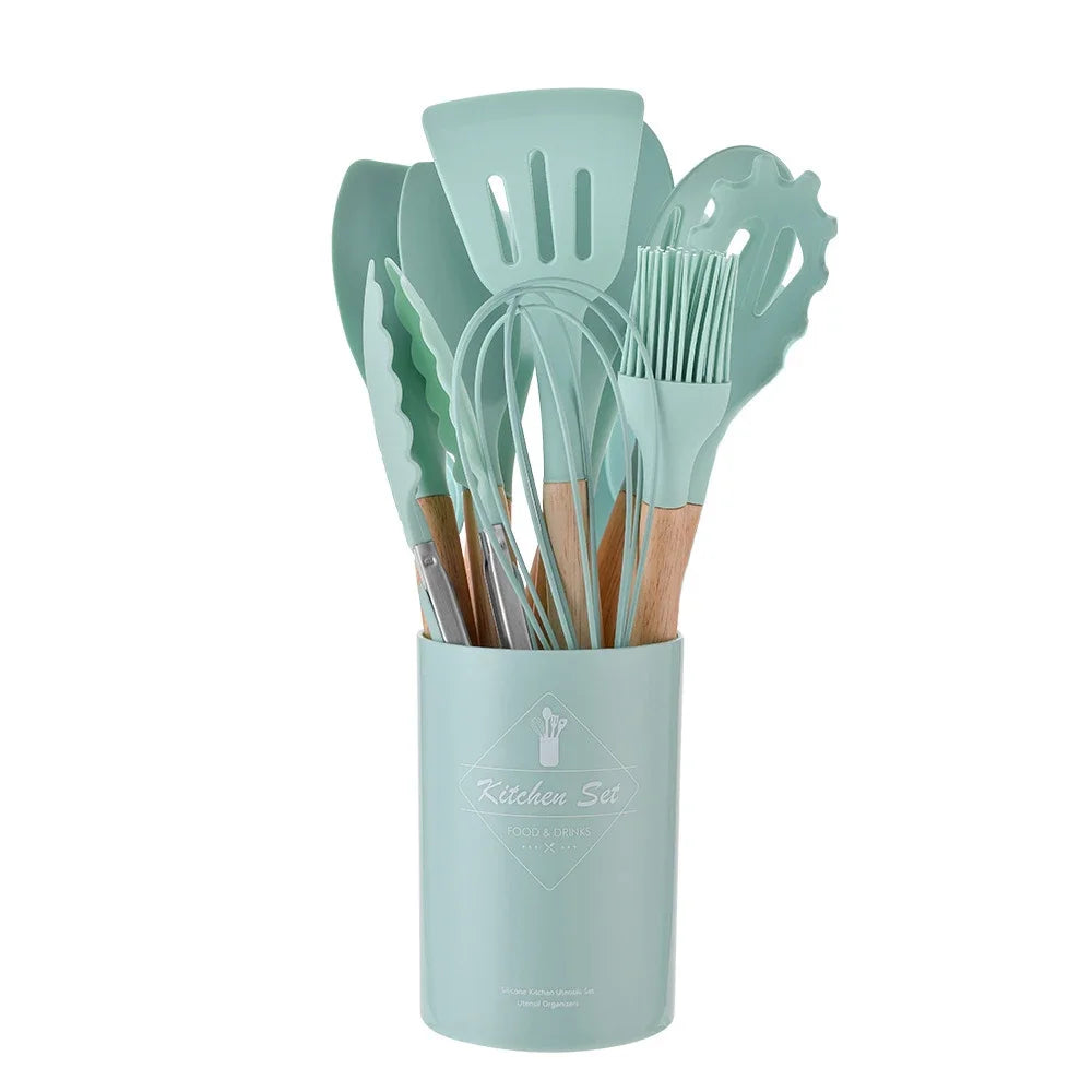 12 Piece Silicone Kitchen Utensils Set with Wooden Handle