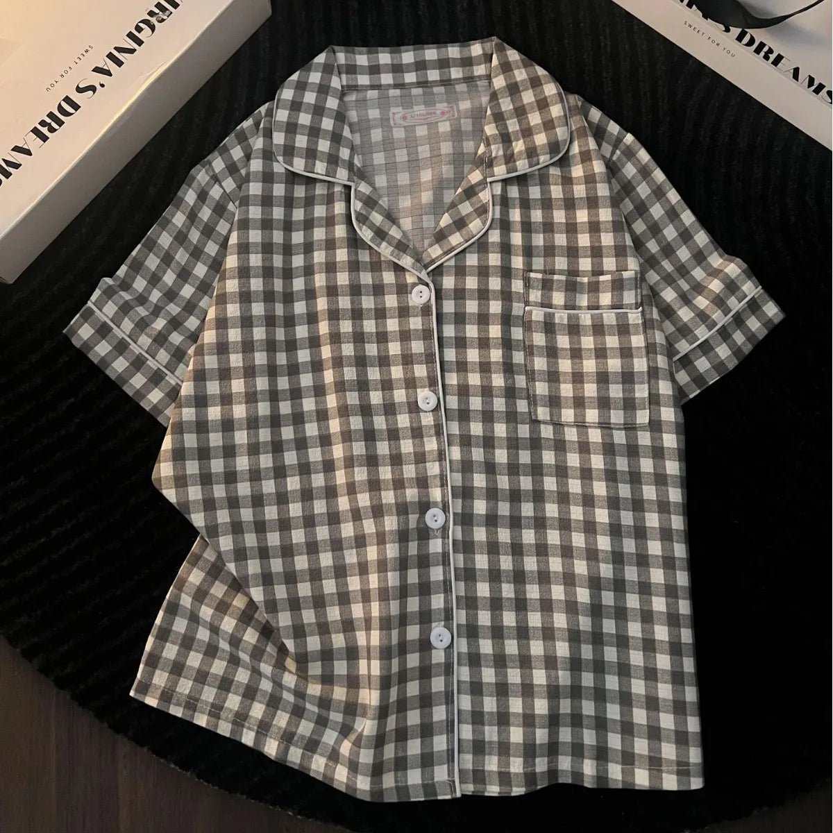 Japanese Minimalist Women's Pink Plaid Pajamas