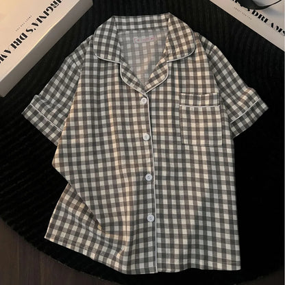 Japanese Minimalist Women's Pink Plaid Pajamas