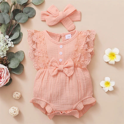 Newborn Girls Solid Color Lace Edge Romper and Headband