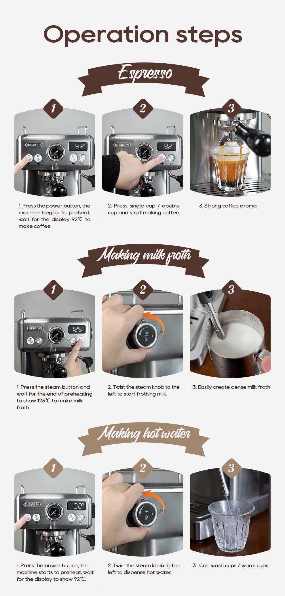 HiBREW 20Bar Semi Automatic Espresso Machine Stainless Steel