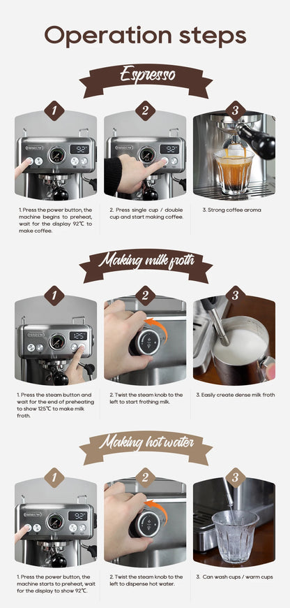 HiBREW 20Bar Semi Automatic Espresso Machine Stainless Steel