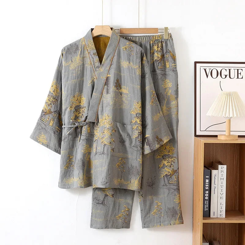 Men's Cotton Kimono Robe and Pajama Set