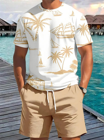 Men's Casual Hawaiian Print T-Shirt and Shorts Set