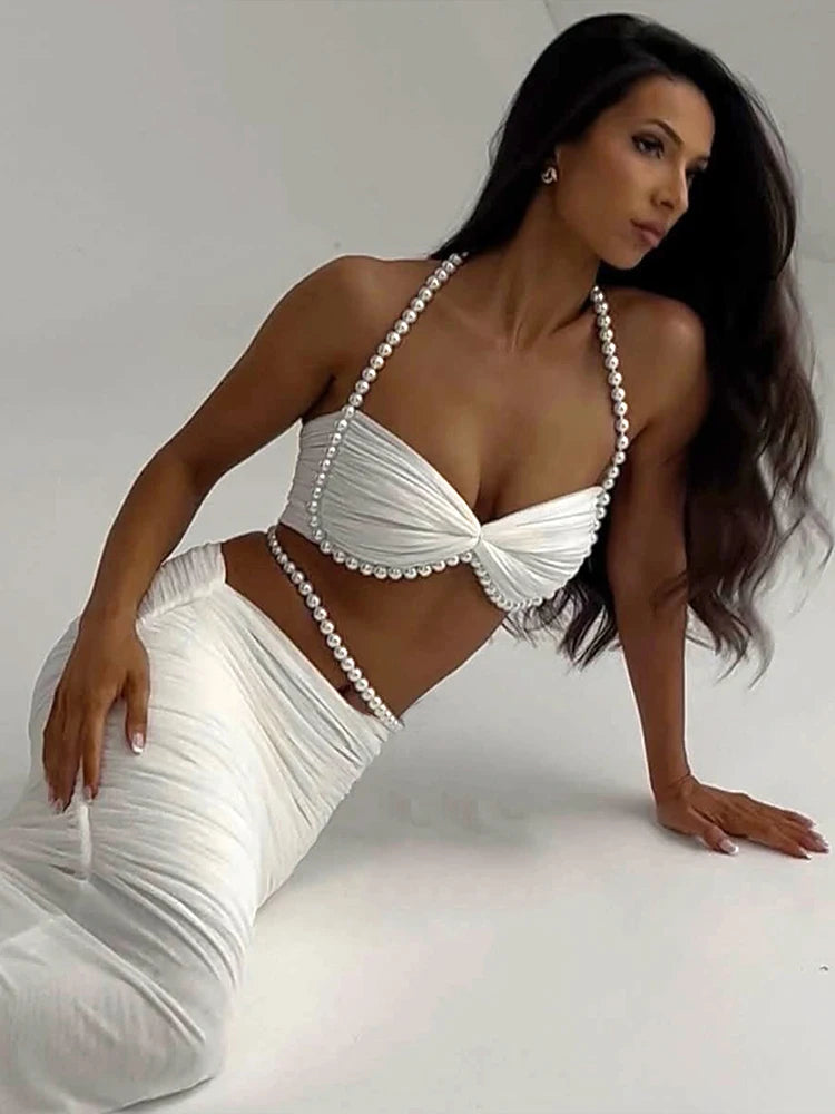 Sexy Bead Patchwork 2-Piece Set Women Halter Bra and Bottom