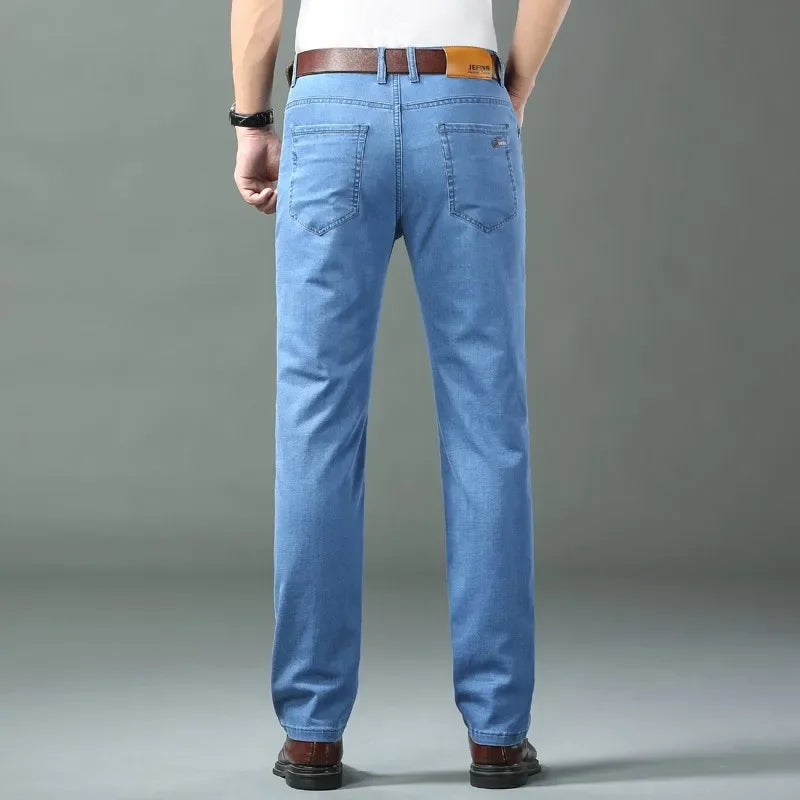 Men's Blue Straight Denim Jeans Lightweight Casual Trousers