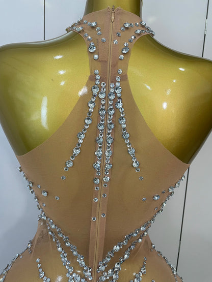 Sparkly Rhinestones Mesh See Through Dress for Women