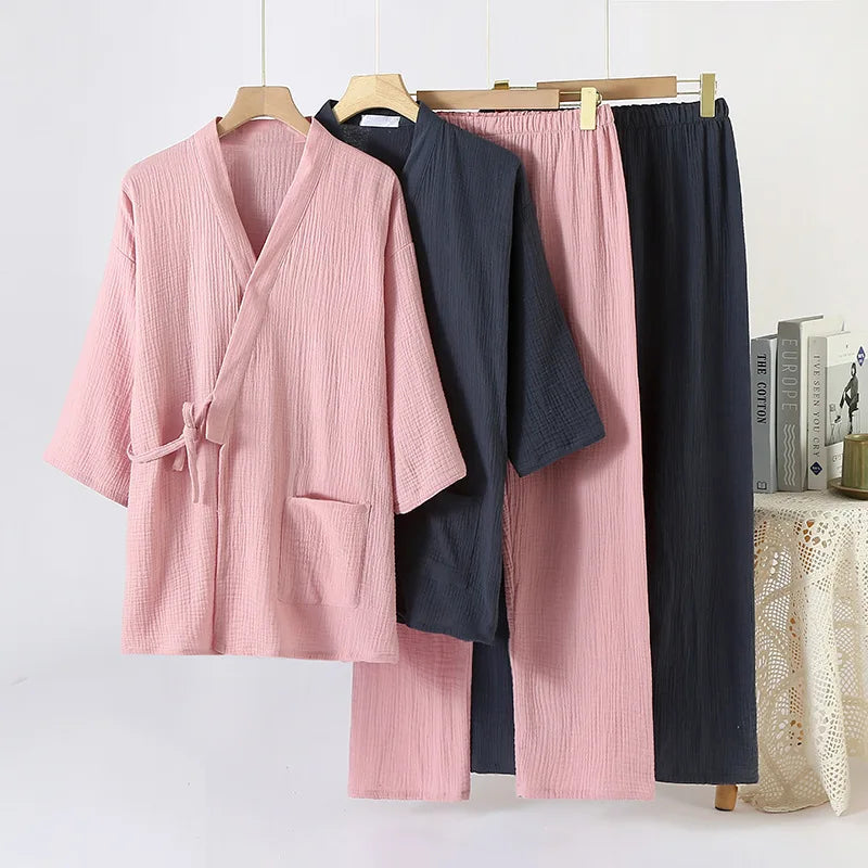 Cotton Couple Kimono Robes with Long Trousers Set