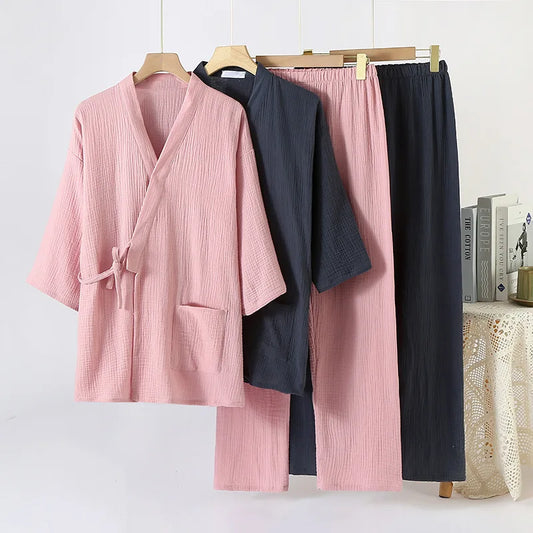 Cotton Couple Kimono Robes with Long Trousers Set