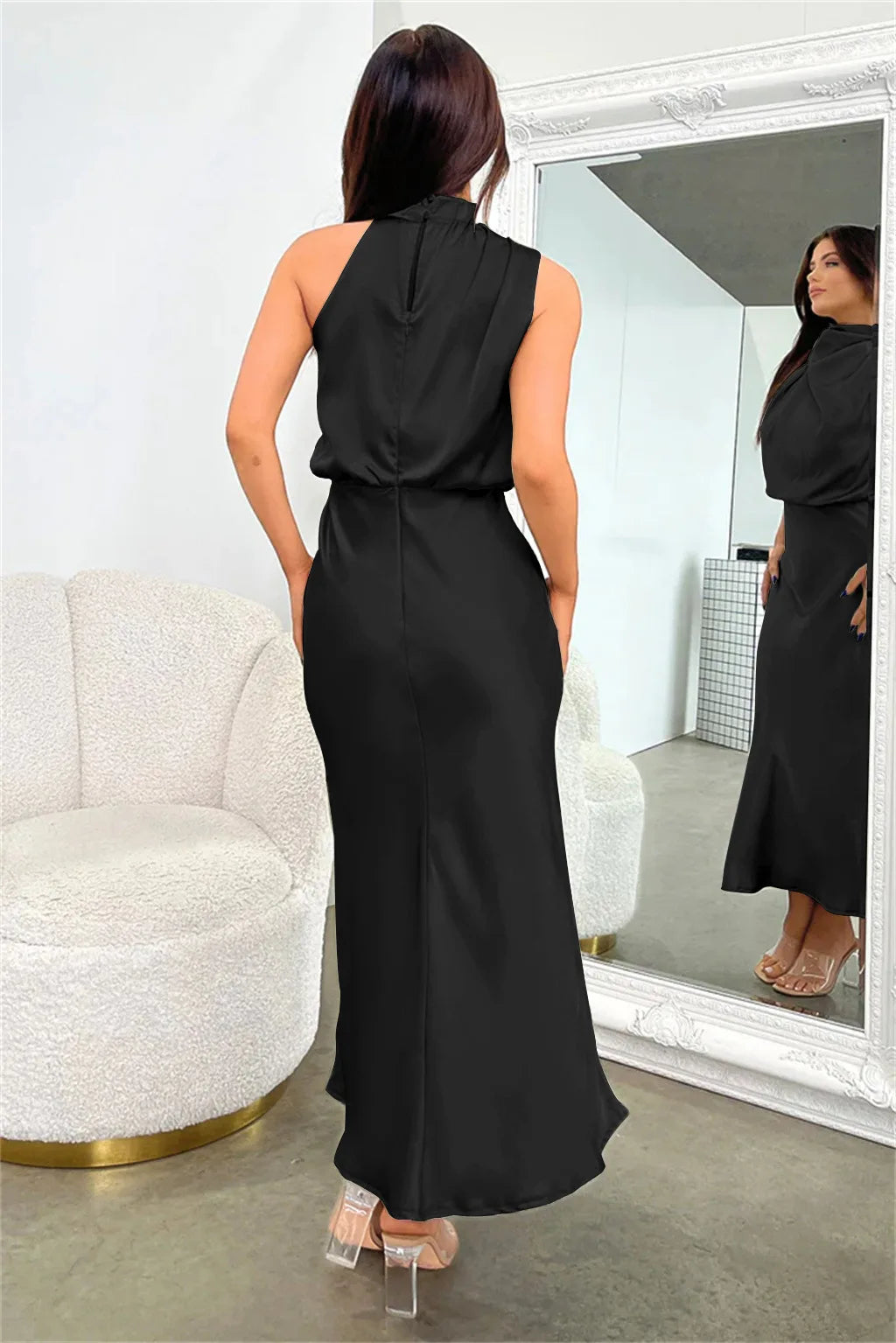 Elegant Silk Satin Sleeveless Long Dress for Women