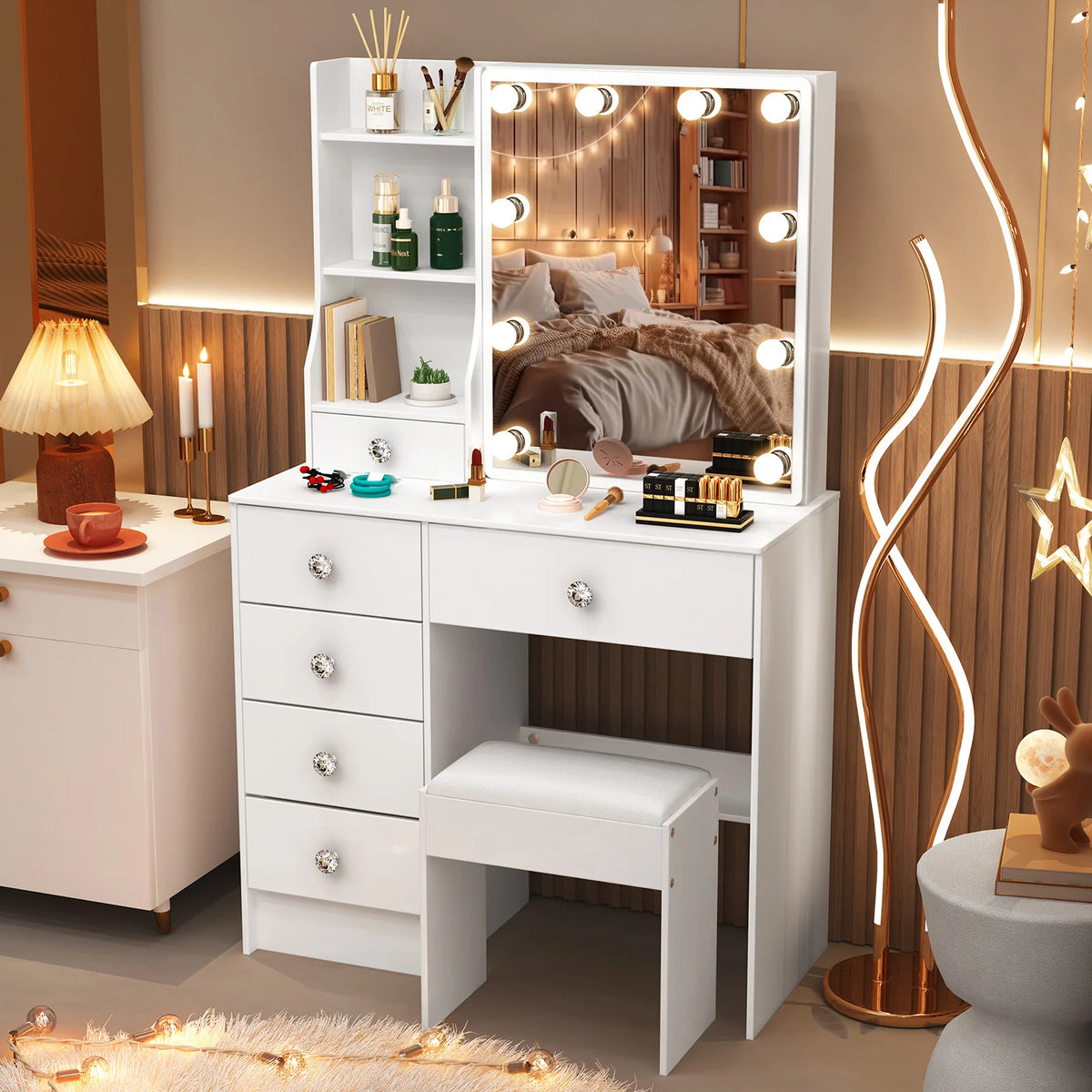 Teousev White LED Makeup Vanity Set with Stool