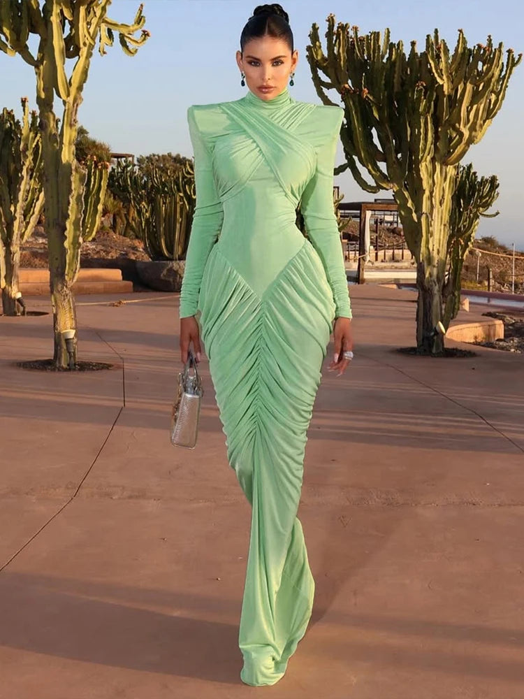 Maxi Dress Women Turtleneck Full Sleeve Backless