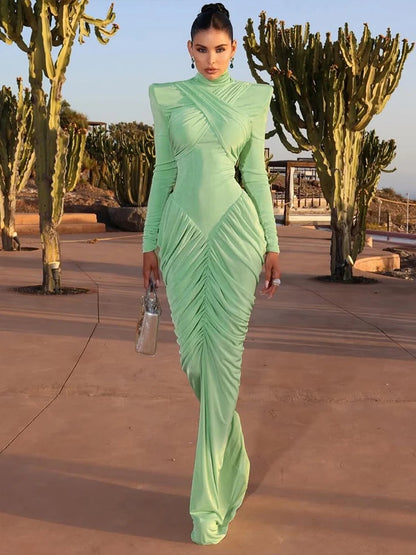 Maxi Dress Women Turtleneck Full Sleeve Backless