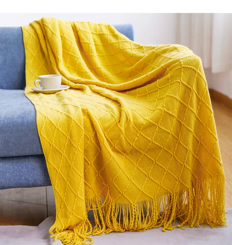 Khaki Knitted Acrylic Blanket with Tassels