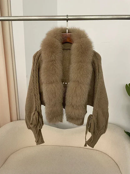 Knitted Cardigan Coat for Women with Real Fox Fur