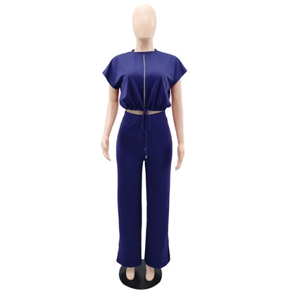 Women Casual Short Sleeve Drawstring Top and High Waist Pants Set