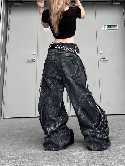Vintage Distressed Wide Leg Cargo Jeans for Women