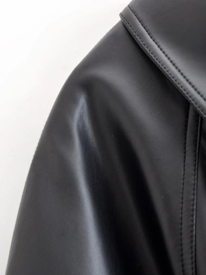 Black Faux Leather Vintage Trench Coat for Women