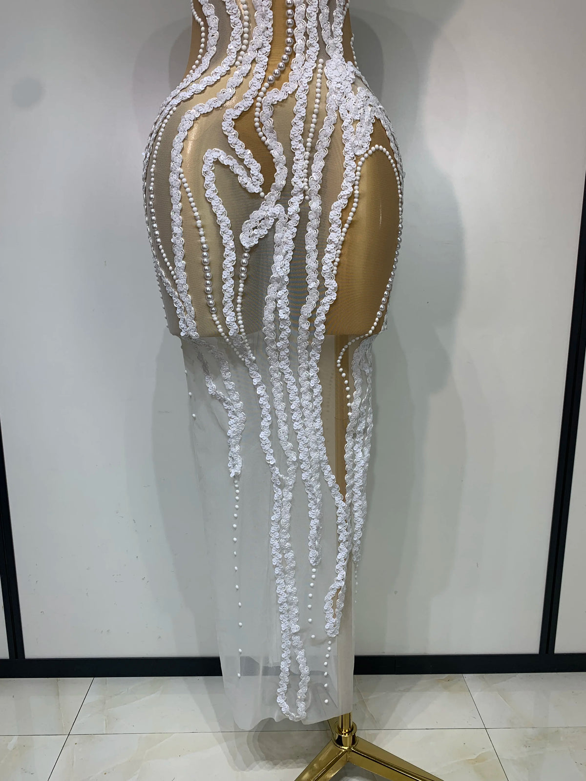 Elegant Women Long Dress with Pearl Sequins