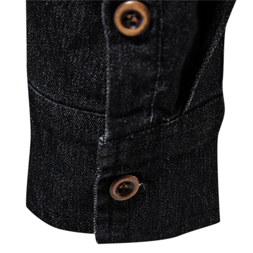 Elastic Cotton Denim Shirt Men Long Sleeve Casual