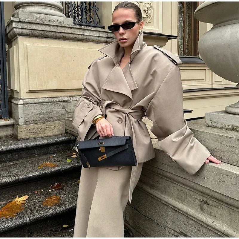 Solid Lace Up Trench Coat Women Full Sleeve Windbreak
