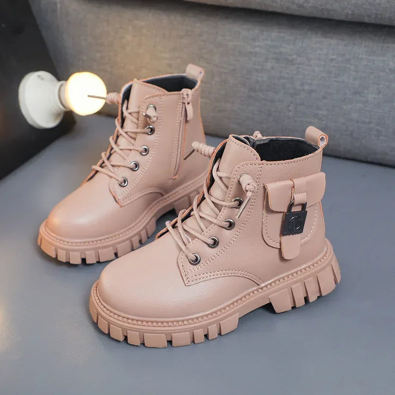Girls PU Leather Ankle Boots with Anti-slip Sole
