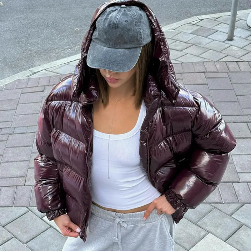 Solid Glossy Zipper Hooded Coat Women's Cotton Jacket
