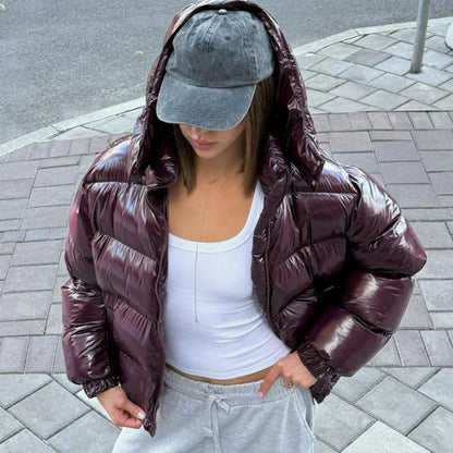Solid Glossy Zipper Hooded Coat Women's Cotton Jacket