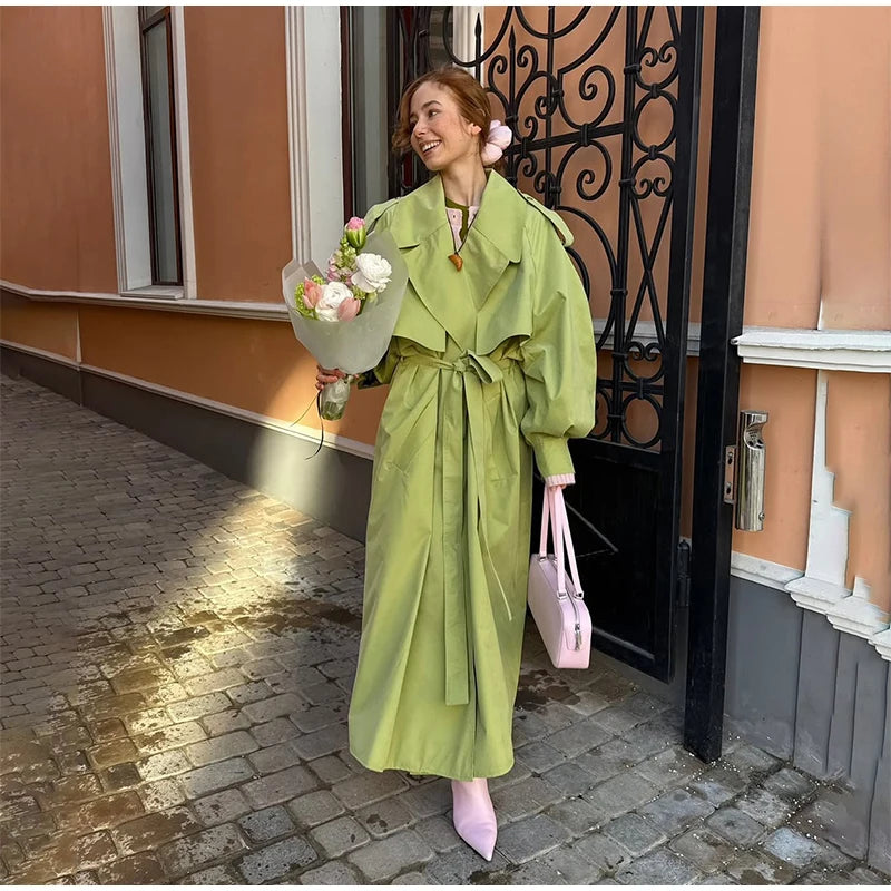 Green Oversized Belt Overcoat Women Long Sleeve Windbreaker