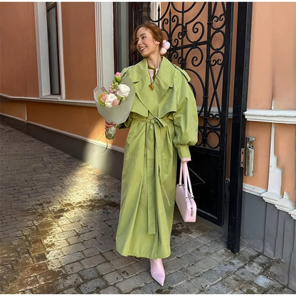 Green Oversized Belt Overcoat Women Long Sleeve Windbreaker