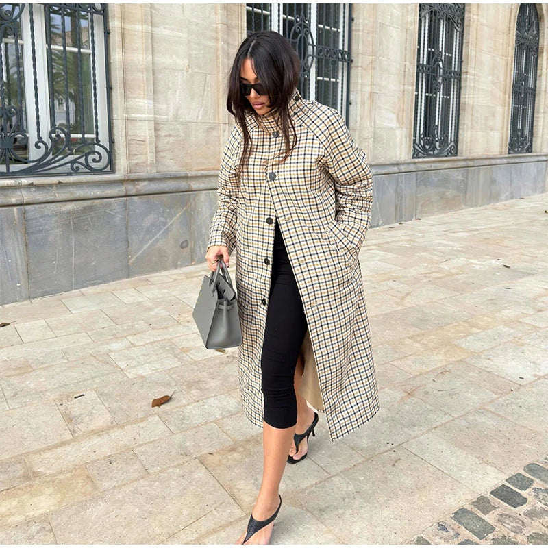 Reversible Plaid Long Trench Coat Women Single Breasted