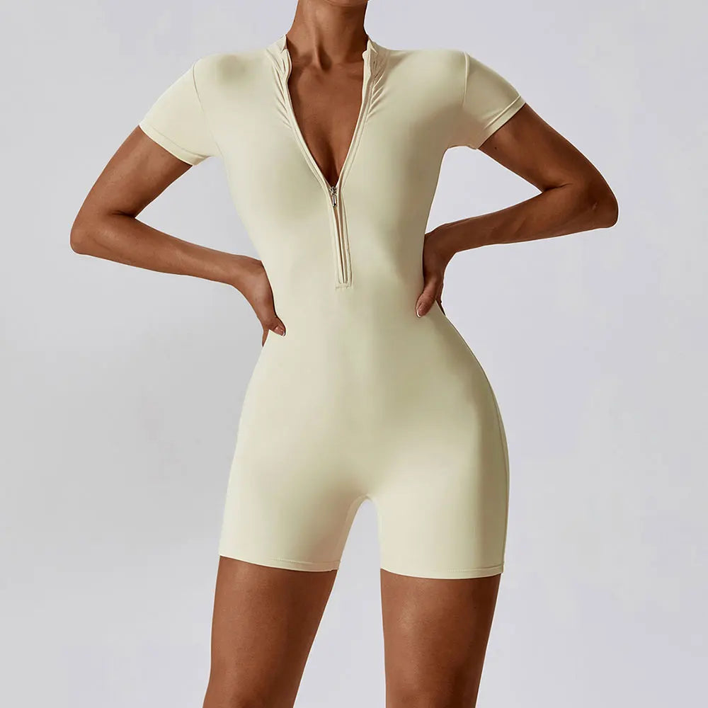 Summer Zipper Short Sleeve Yoga Bodysuit for Women