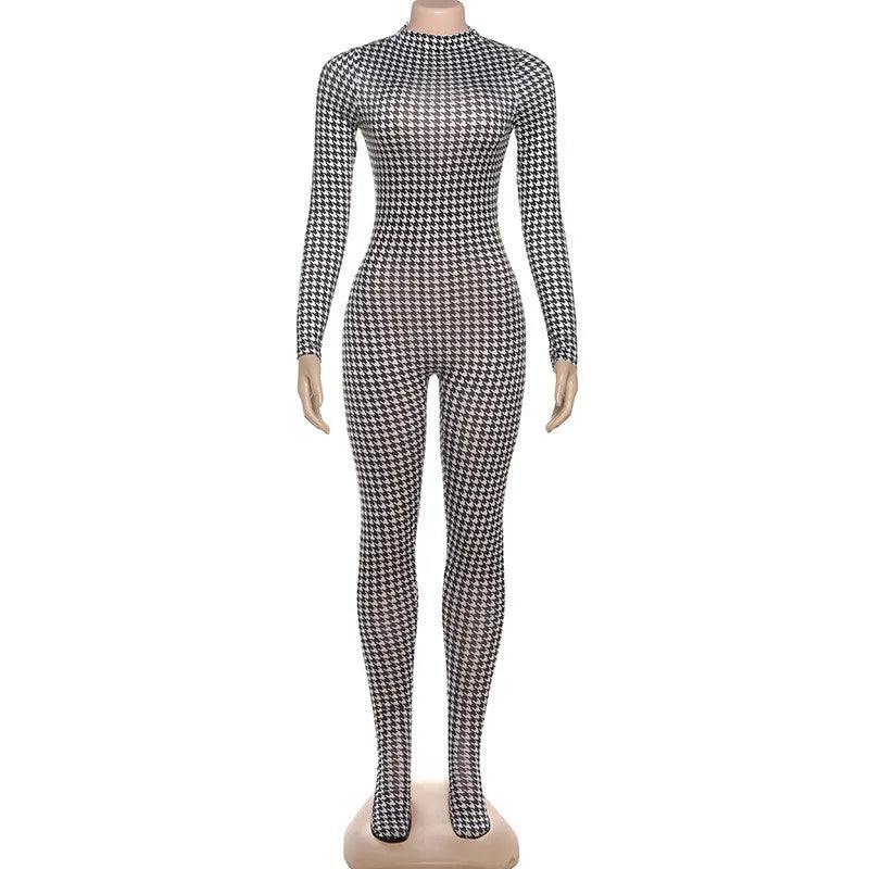Plaid Bodycon Jumpsuit Women Turtleneck Fitness Clothing
