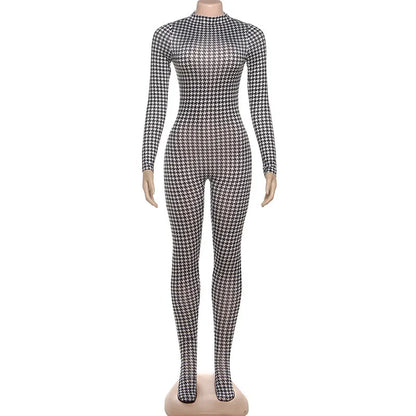 Plaid Bodycon Jumpsuit Women Turtleneck Fitness Clothing