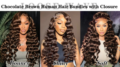 Chocolate Brown Loose Wave Human Hair Bundles with Closure