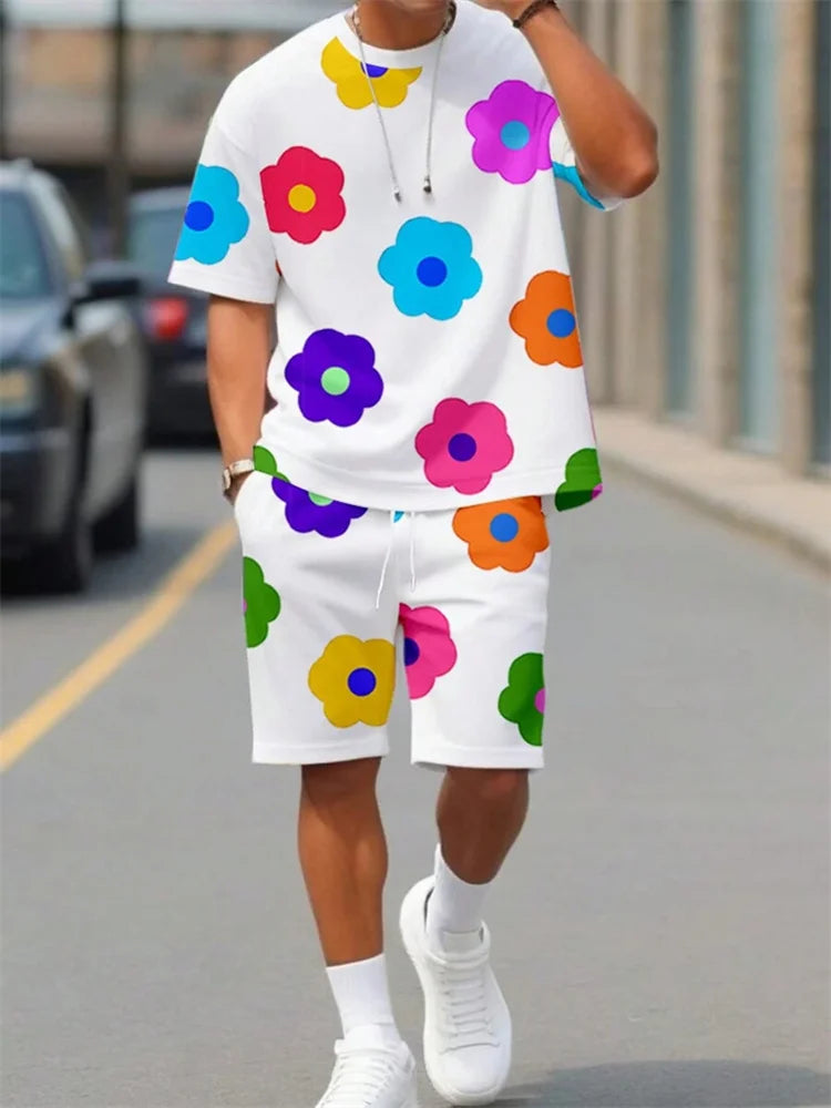 Men's Casual Hawaiian Print T-Shirt and Shorts Set
