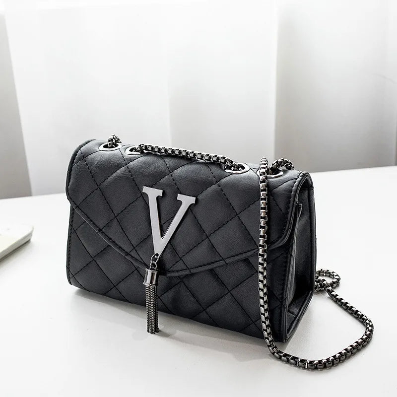 Black PU Leather Quilted Shoulder Bag for Women
