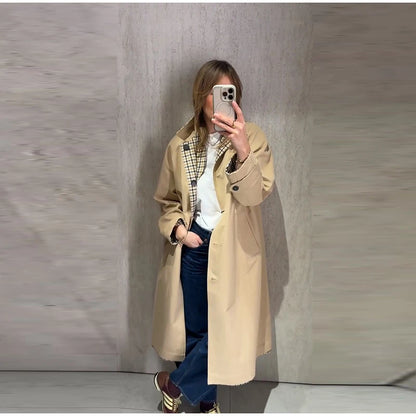 Reversible Plaid Long Trench Coat Women Single Breasted