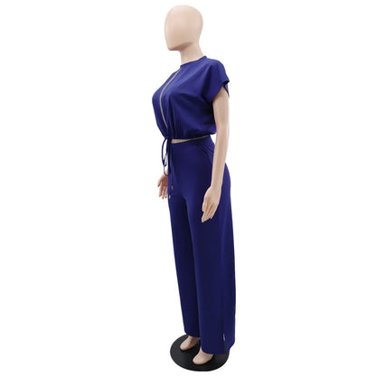 Women Casual Short Sleeve Drawstring Top and High Waist Pants Set