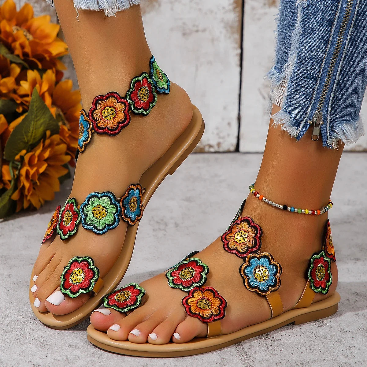 Yellow Faux Flower Embroidered Flat Sandals Size 43