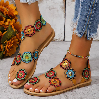 Yellow Faux Flower Embroidered Flat Sandals Size 43