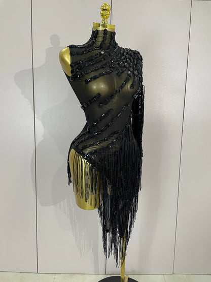 Sparkly Rhinestones One Shoulder See-Through Dress