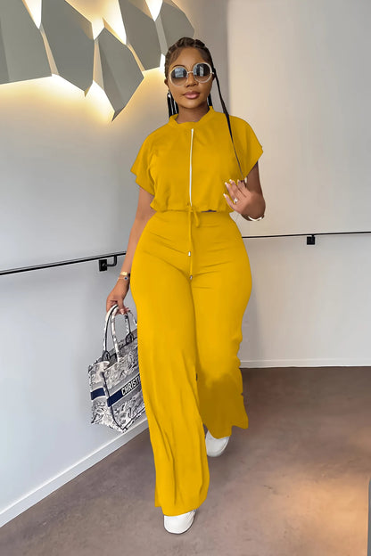 Women Casual Short Sleeve Drawstring Top and High Waist Pants Set