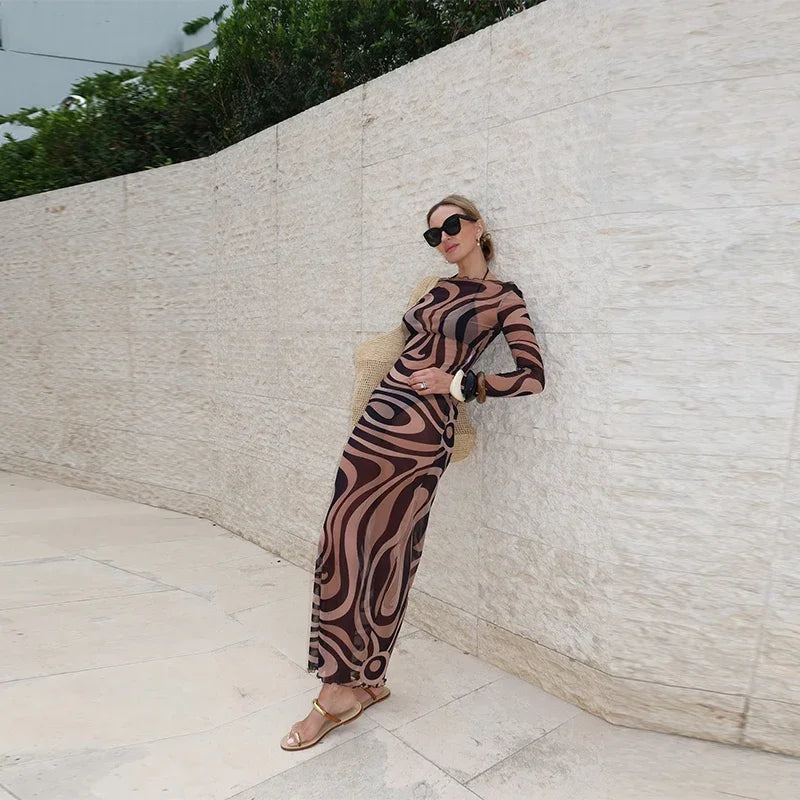 Sheer Mesh Bodycon Maxi Dress for Women