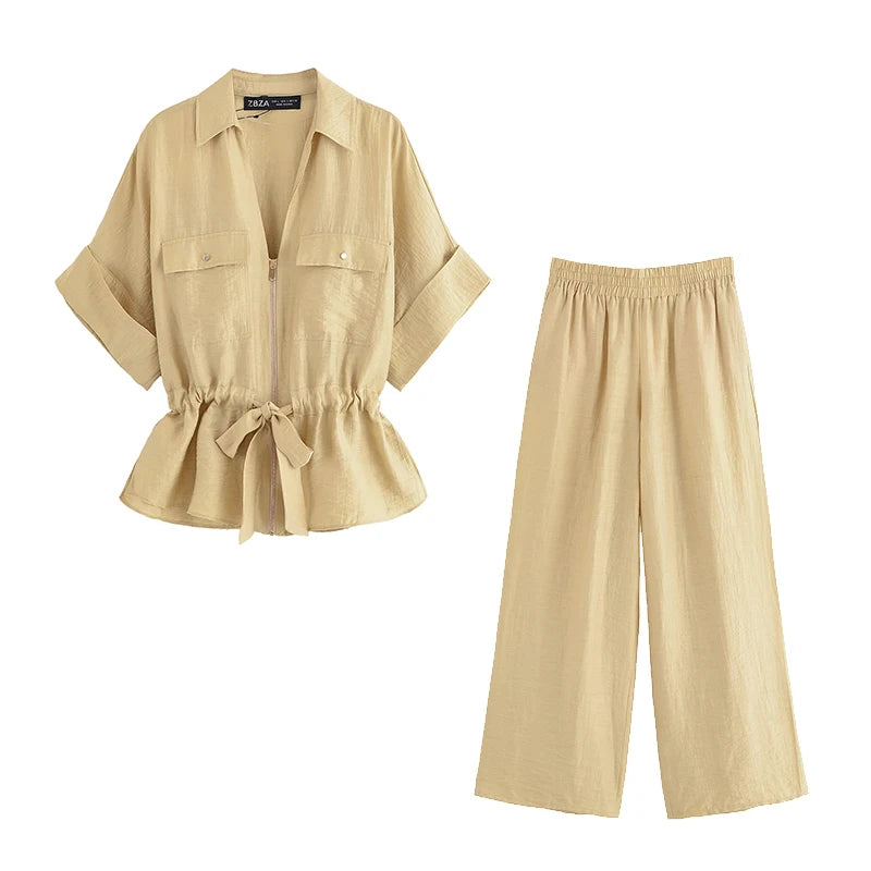Willshela Women's Vintage 2 Piece Zipper Shirt and Trousers Set