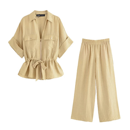 Willshela Women's Vintage 2 Piece Zipper Shirt and Trousers Set