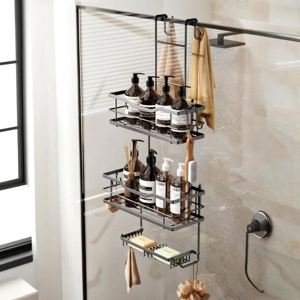3-Tier Hanging Shower Caddy Black Silver Metal